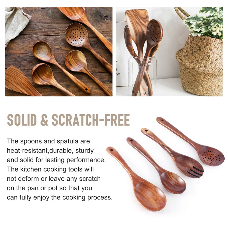 ABKJ-Wooden Kitchen Cooking Utensils, 7 Pcs Wooden Spoons And Spatula For Cooking Cookware For Kitchen Decor