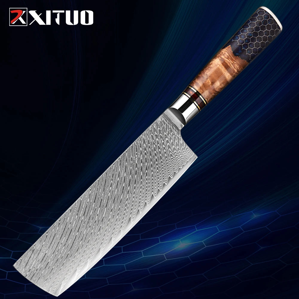XITUO 1-9 Piece Kitchen Knives Set Damascus Steel Chef Knife Sharp Cut Vegetables Sliced Meat Bread Blue Resin Honeycomb Handle
