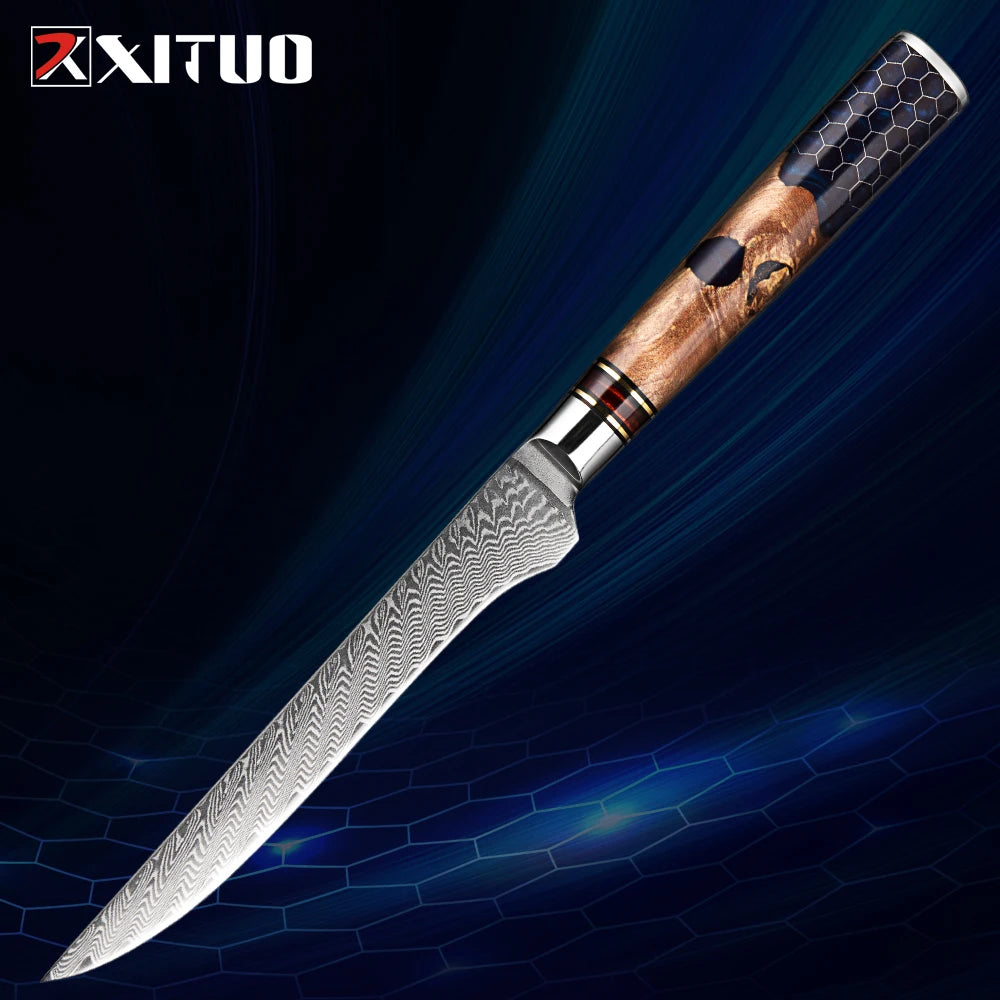 XITUO 1-9 Piece Kitchen Knives Set Damascus Steel Chef Knife Sharp Cut Vegetables Sliced Meat Bread Blue Resin Honeycomb Handle