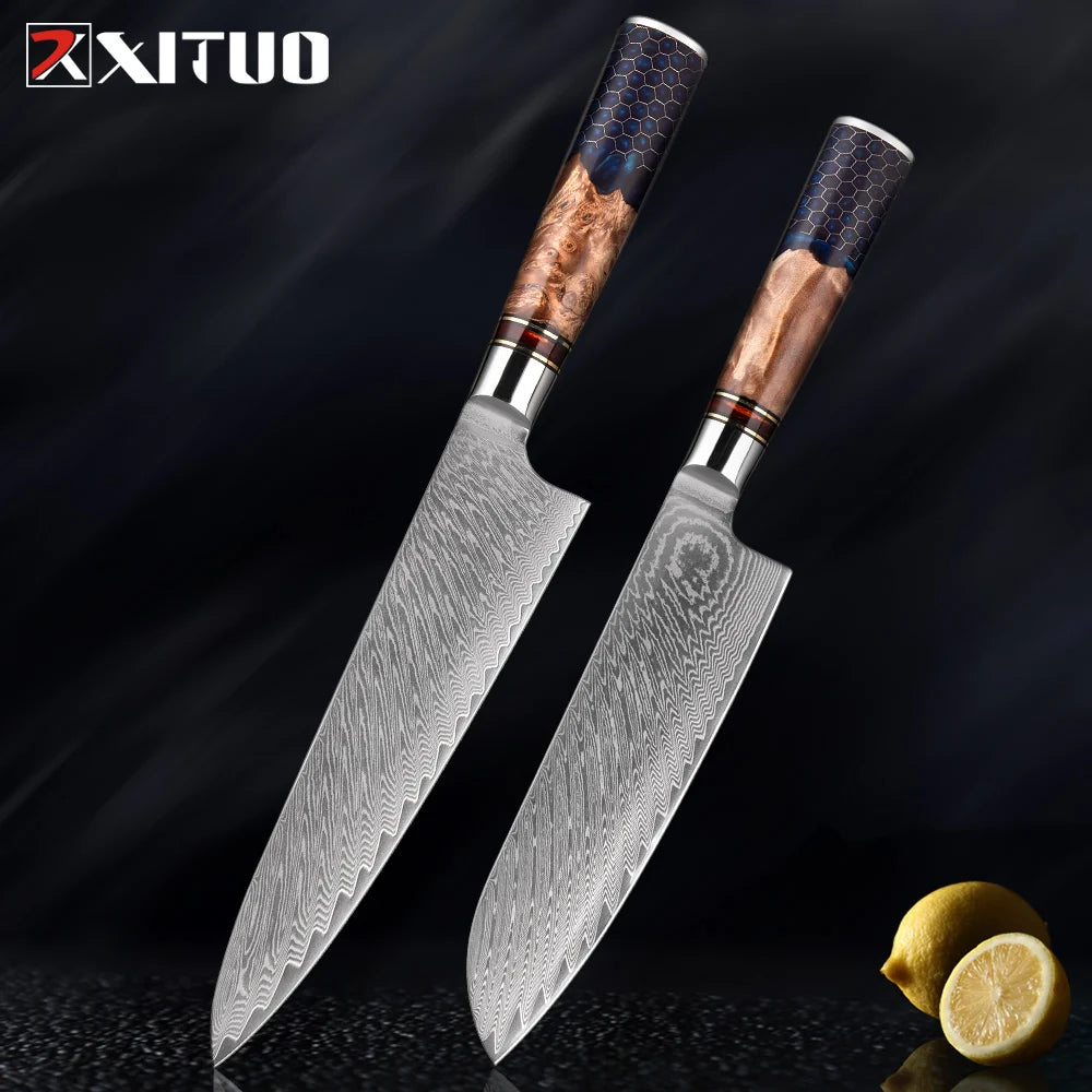 XITUO 1-9 Piece Kitchen Knives Set Damascus Steel Chef Knife Sharp Cut Vegetables Sliced Meat Bread Blue Resin Honeycomb Handle