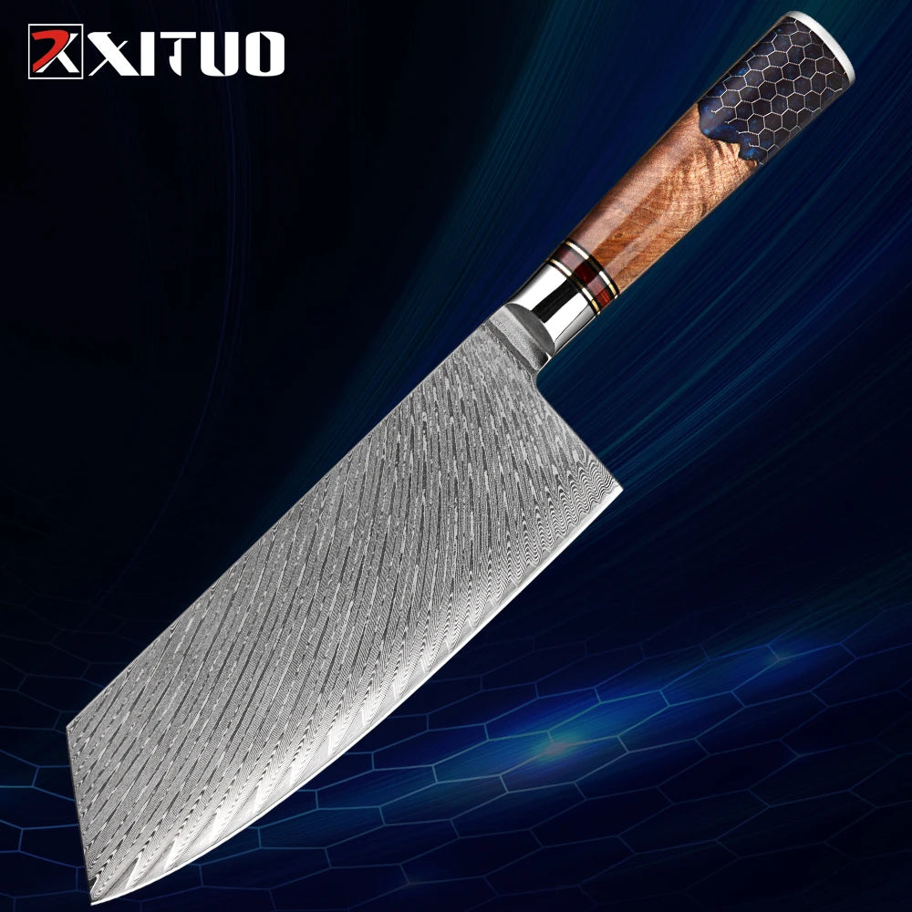 XITUO 1-9 Piece Kitchen Knives Set Damascus Steel Chef Knife Sharp Cut Vegetables Sliced Meat Bread Blue Resin Honeycomb Handle