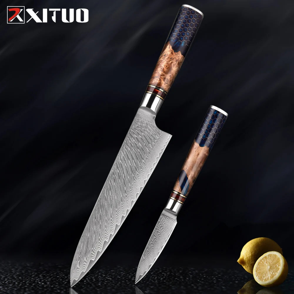 XITUO 1-9 Piece Kitchen Knives Set Damascus Steel Chef Knife Sharp Cut Vegetables Sliced Meat Bread Blue Resin Honeycomb Handle