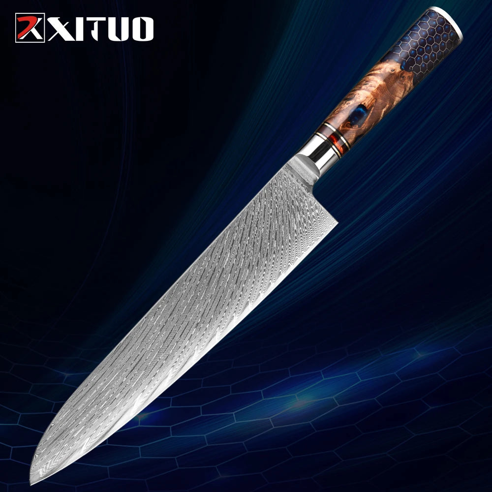 XITUO 1-9 Piece Kitchen Knives Set Damascus Steel Chef Knife Sharp Cut Vegetables Sliced Meat Bread Blue Resin Honeycomb Handle