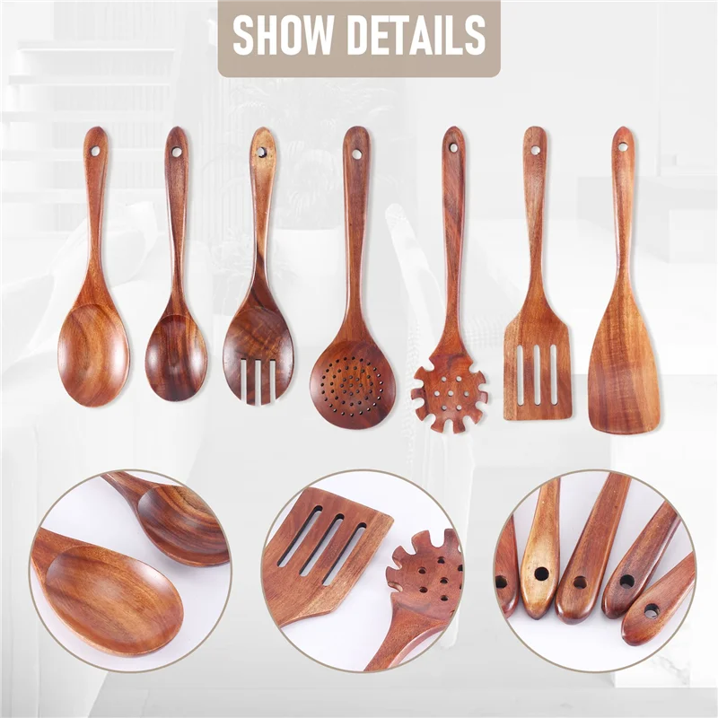 ABKJ-Wooden Kitchen Cooking Utensils, 7 Pcs Wooden Spoons And Spatula For Cooking Cookware For Kitchen Decor