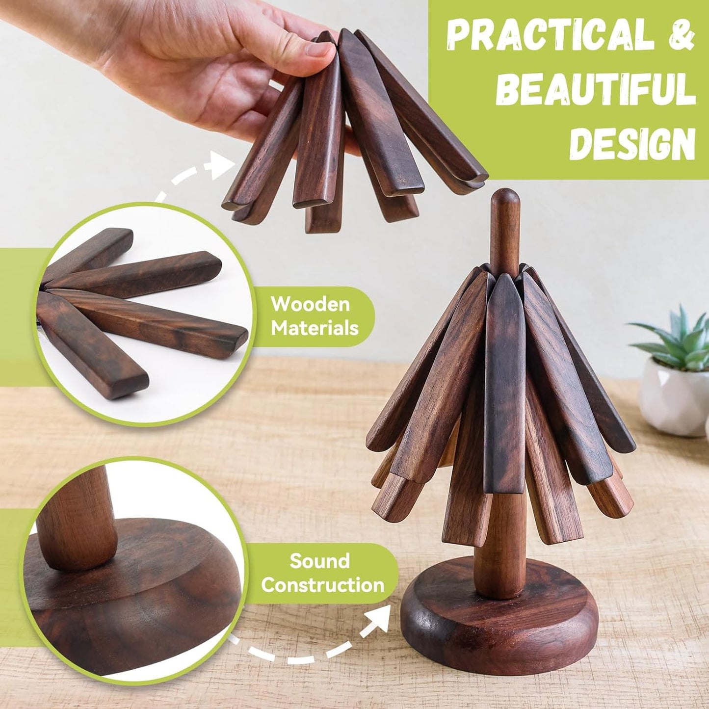 Black Walnut Wood Table Mat Set，Wood Coasters, Creative Small Tree Coaster, Wooden Trivets for Hot Dishes，Unique Kitchen Gadgets, Home Desktop Decorations (Black Walnut)