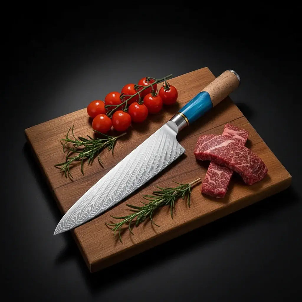 Damascus Chef Knife | Blue Resin & Natural Wood Handle | Premium Gift Box Included