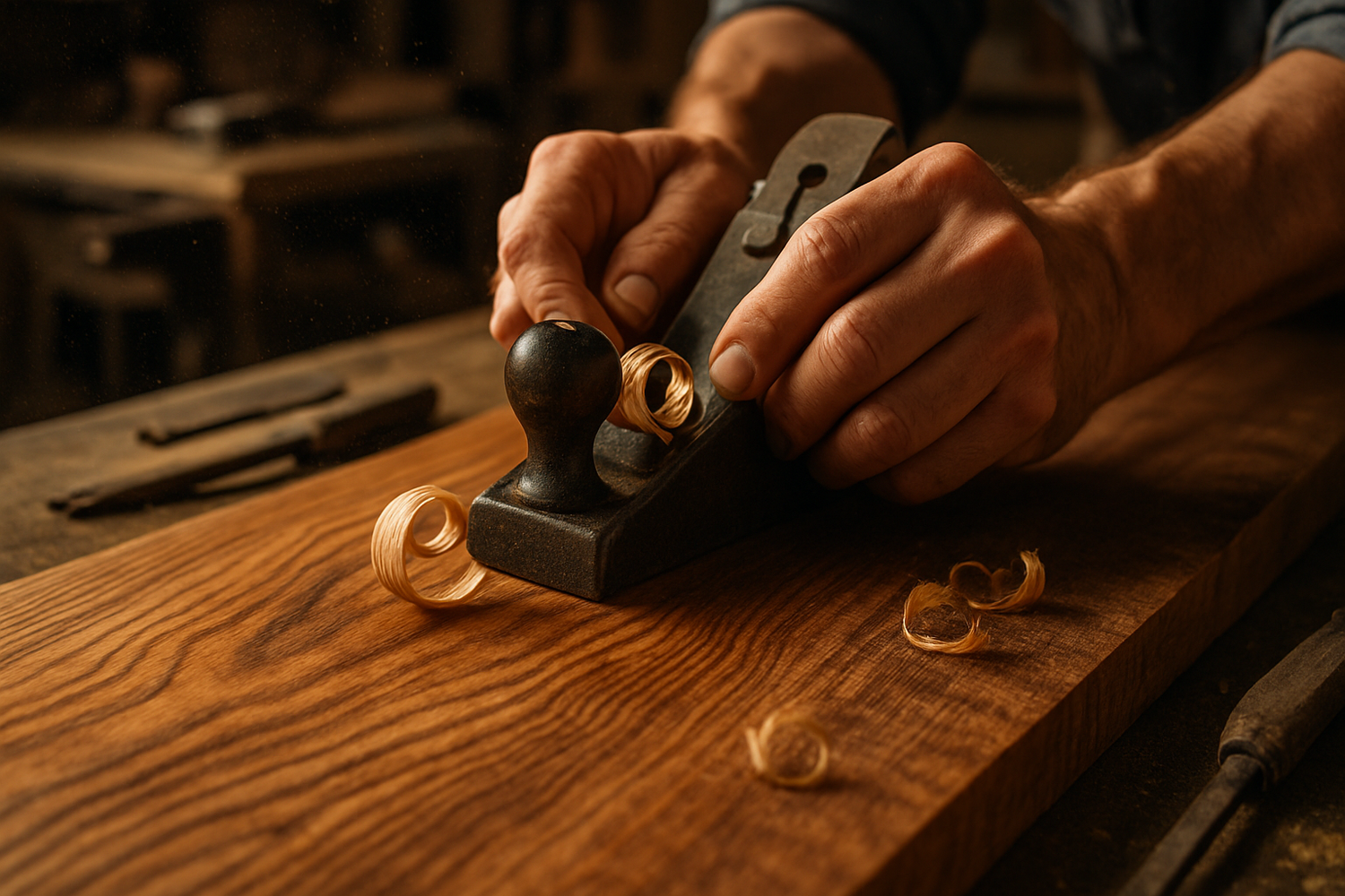 Close up of wood grain, woodworker using a plane to shave wood