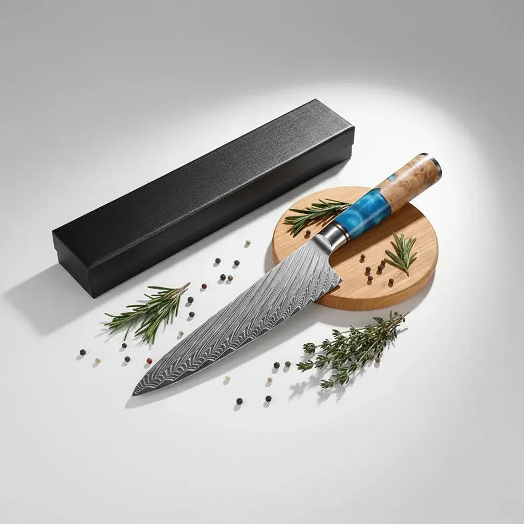Damascus Chef Knife | Blue Resin & Natural Wood Handle | Premium Gift Box Included