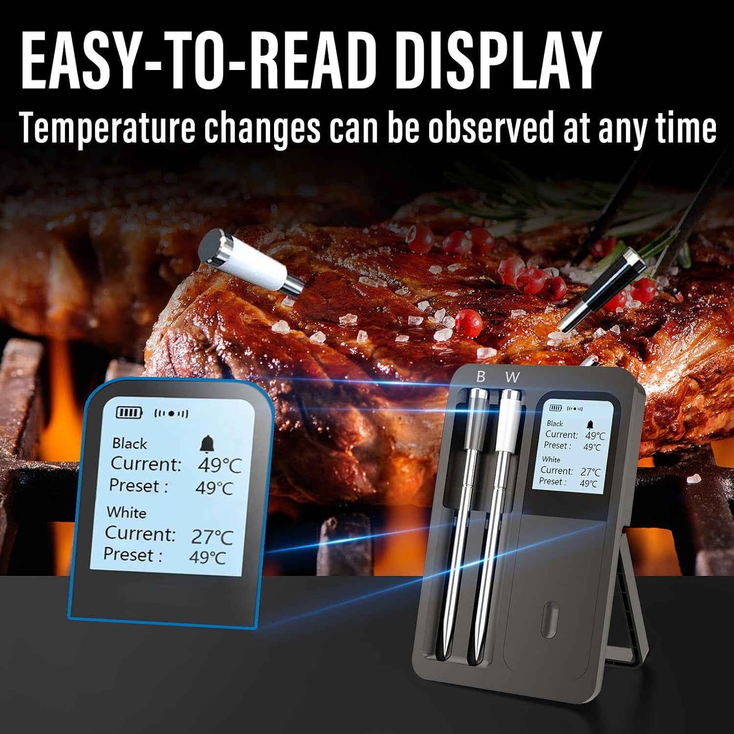 Bluetooth Smart Meat Thermometer – Wireless Digital Meat Thermometer with Dual Probes, App Control, Real-Time Temp Monitoring & Alerts for Grilling, Smoking, Oven, Kitchen & Outdoor