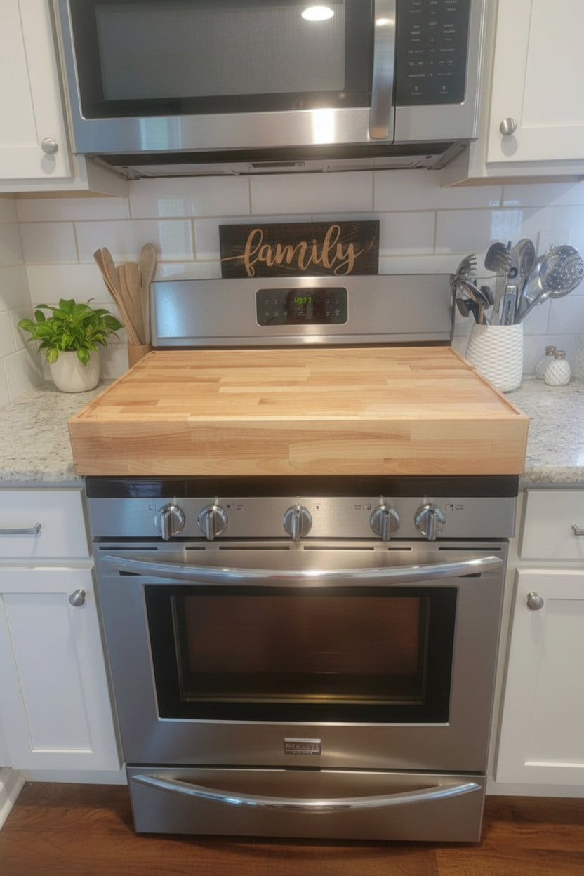 Handmade Butcher Block hardwood stove cover and cutting board on a kitchen stovetop