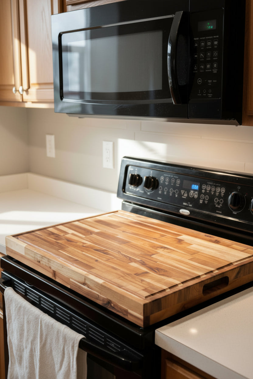 Handmade Acacia hardwood stove cover and cutting board on a kitchen stovetop. 