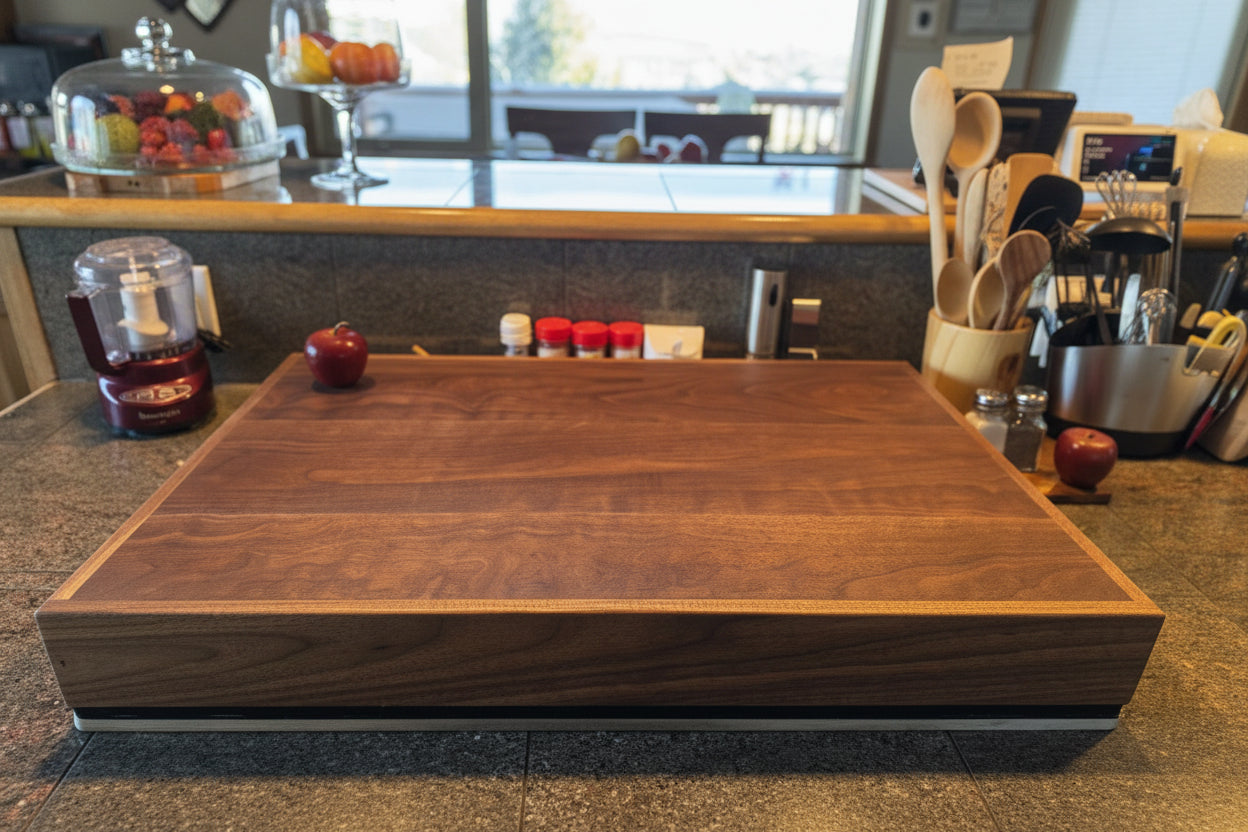 Handmade Black Walnut hardwood stove cover and cutting board on a kitchen stovetop
