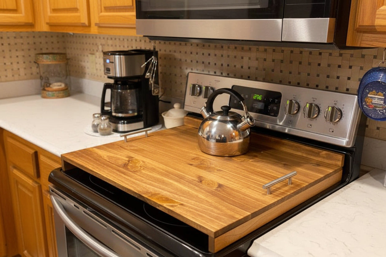 Handmade pine stove cover with tray-style handles on a kitchen stovetop