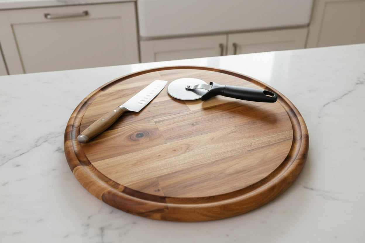 Round acacia wood cutting board with knife and pizza cutter on kitchen counter