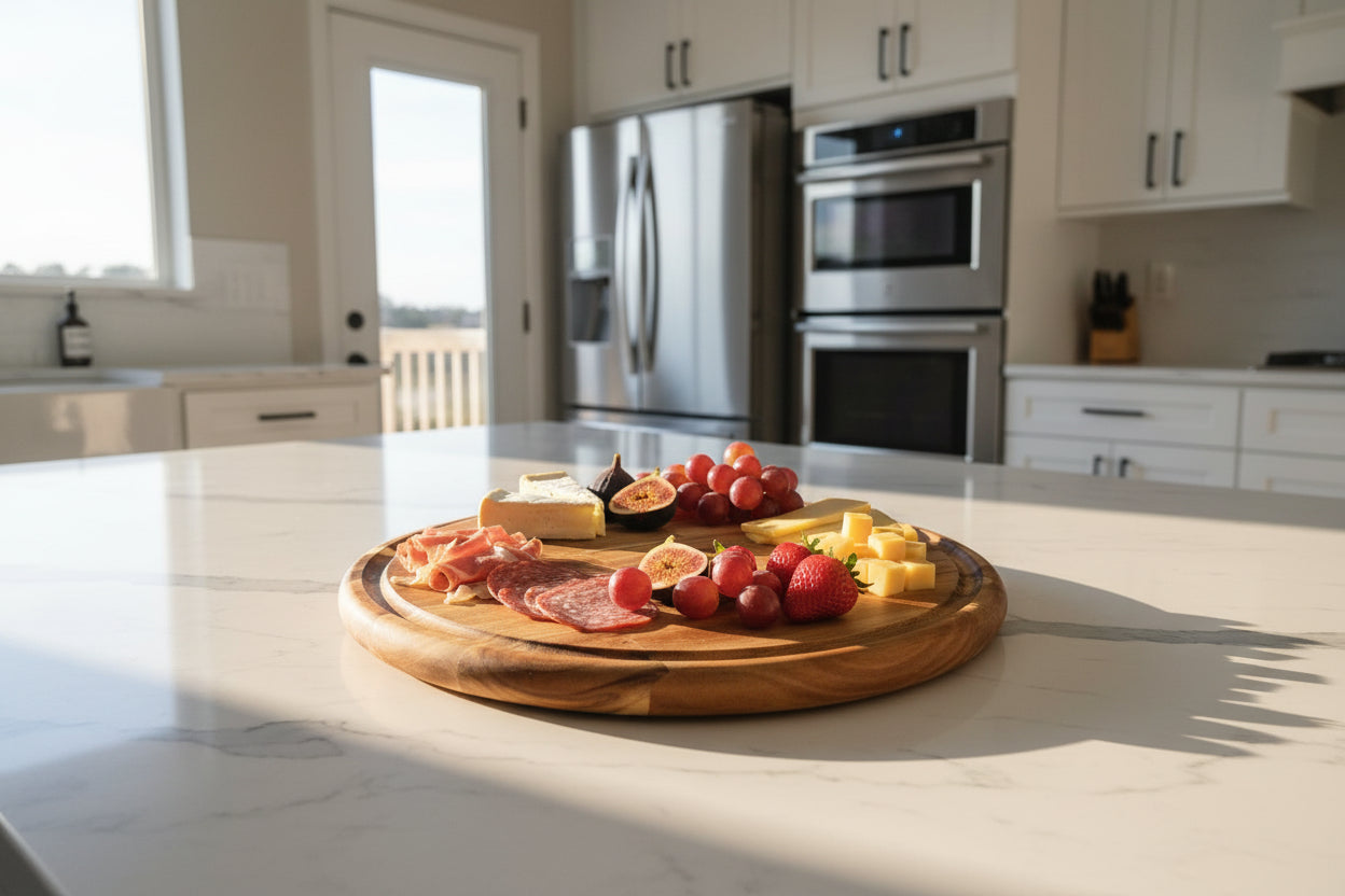 Round acacia wood charcuterie board styled with cheese and meats