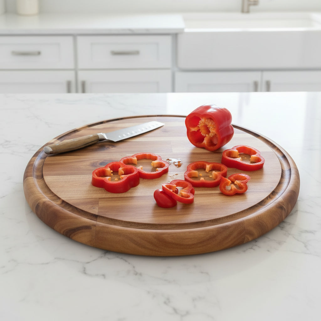 Round Acacia cutting board with sliced red pepper and juice groove